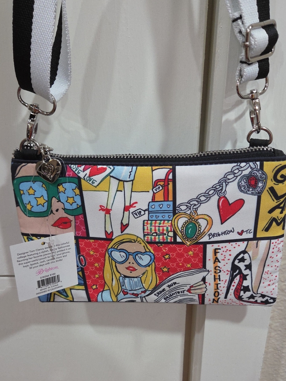 Brighton Multicolor Comic-Strip Crossbody Bag with Black & White Strap